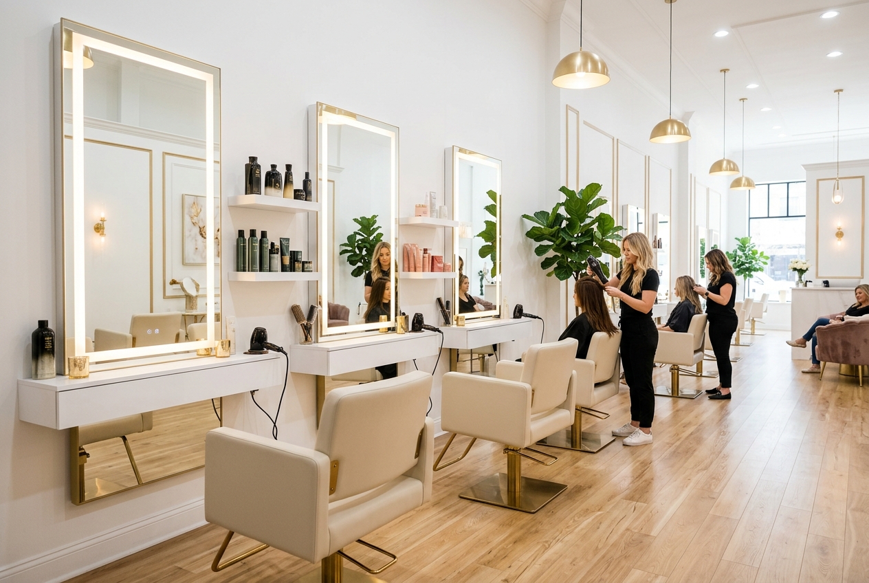 Modern luxury salon interior with gold styling chairs and ring-lit mirrors
